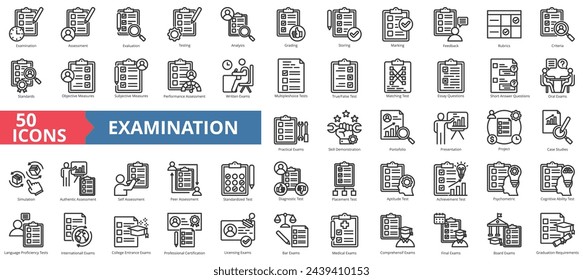 Prüfungs-Icon-Sammlung Set. Enthält Bewertung, Bewertung, Tests, Analyse, Bewertung, Speicherung, Simulation und Symbol. Einfache Linienvektordarstellung.