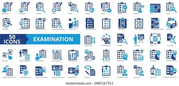 Examination icon collection set. Containing assessment, evaluation, testing, analysis, grading, storing, simulation icon. Simple flat vector illustration.