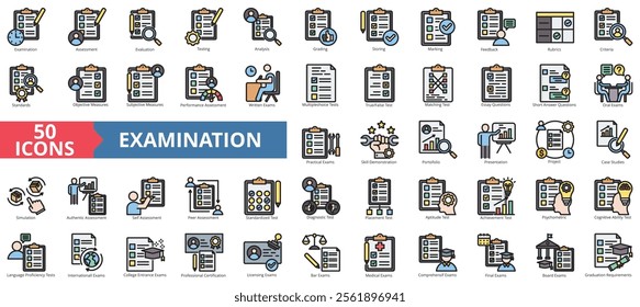 Examination icon collection set. Containing assessment, evaluation, testing, analysis, grading, storing, simulation icon. Simple flat outline vector illustration