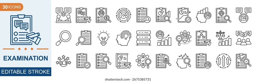 Coleção de conjuntos de ícones de exame. desempenho, aprimoramento, resultado, feedback, avaliação, análise e muito mais. Ilustração vetorial editável eps 10