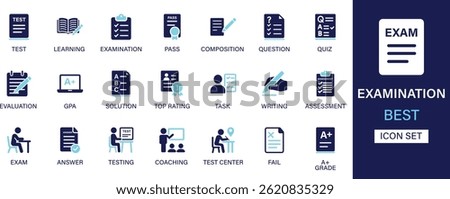 Examination icon set collection. Test, learning, examination, pass, composition, question, quiz, evaluation, solution, top rating and best solid icon set.