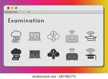 conjunto de iconos de examen. incluye biblioteca en la nube, profesor, gorro, libro, iconos de información sobre fondo blanco. estilos lineales y llenos.