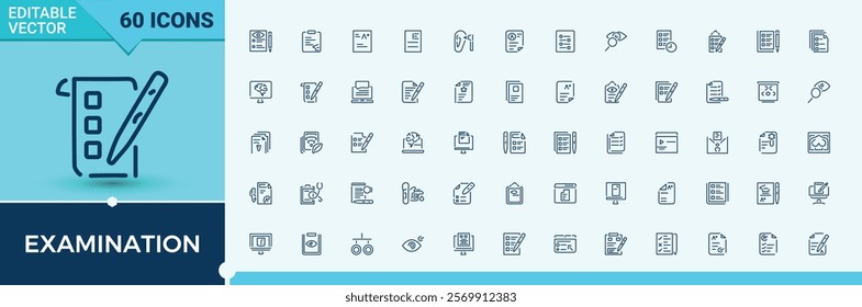 Examination icon set. Includes icons for man, exam, grade, select, info, pass, d, paper. Isolated icons design. Editable vector illustration.