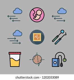 examination icon set. vector set about tonometer, dentist tools, fetus and cardiogram icons set.