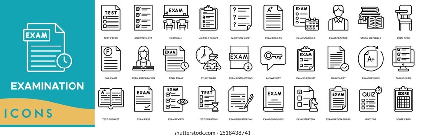 Examination icon. Test Paper, Answer Sheet, Exam Hall, Multiple Choice and Question Sheet