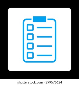 Examination icon. Vector style is blue and white colors, flat rounded square button on a black background.