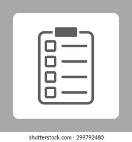 Examination icon. Vector style is dark gray and white colors, flat rounded square button on a silver background.