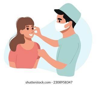 Examination of the nose before rhinoplasty. ENT doctor touching nose and consulting female patient in medical clinic before septoplasty operation