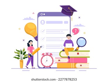 Examination Paper Illustration with Online Exam, Form, Papers Answers, Survey or Internet Quiz in Flat Cartoon Hand Drawn for Landing Page Templates