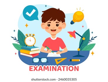 Ilustración vectorial de papel de examen con examen en línea, formulario, papeles, respuestas, Encuesta o cuestionario de Internet en diseño de fondo de dibujos animados de niños planos