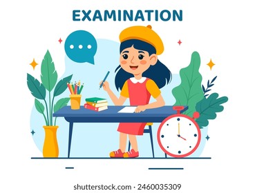 Ilustración vectorial de papel de examen con examen en línea, formulario, papeles, respuestas, Encuesta o cuestionario de Internet en diseño de fondo de dibujos animados de niños planos