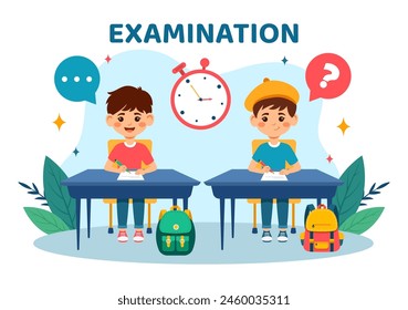 Ilustración vectorial de papel de examen con examen en línea, formulario, papeles, respuestas, Encuesta o cuestionario de Internet en diseño de fondo de dibujos animados de niños planos