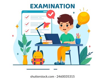 Ilustración vectorial de papel de examen con examen en línea, formulario, papeles, respuestas, Encuesta o cuestionario de Internet en diseño de fondo de dibujos animados de niños planos