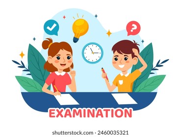 Ilustración vectorial de papel de examen con examen en línea, formulario, papeles, respuestas, Encuesta o cuestionario de Internet en diseño de fondo de dibujos animados de niños planos