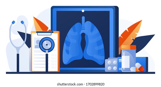 Examination patients lungs with tuberculosis, lung cancer, asthma diseases, coronavirus, infection. Pulmonology or respiratory medicine. Pharmacy, drugs and pills. Chest x-ray. Lung radiography image