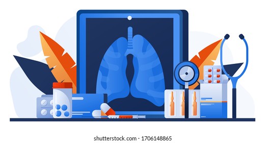Examination patients lungs with tuberculosis, lung cancer, asthma diseases, coronavirus, infection. Pulmonology or respiratory medicine. Pharmacy, drugs and pills. Chest x-ray. Lung radiography image