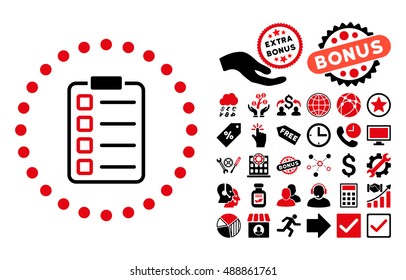 Examination pictograph with bonus clip art. Vector illustration style is flat iconic bicolor symbols, intensive red and black colors, white background.