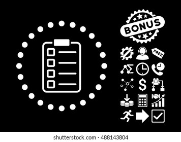 Examination pictograph with bonus elements. Vector illustration style is flat iconic symbols, white color, black background.