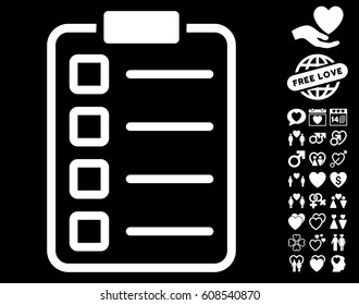 Examination pictograph with bonus romantic icon set. Vector illustration style is flat iconic white symbols on black background.