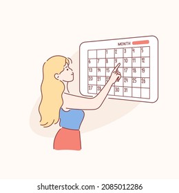 Examination, pregnancy, checkup concept. Side view of young worried woman girl cartoon character checking looking at calendar for pregnant terms or menstruation periods. Hand drawn vector illustration