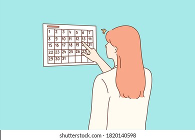 Examination, pregnancy, checkup concept. Young worried woman girl cartoon character checking looking at calendar for pregnant terms or menstruation periods. Waiting for holidays vacations illustration