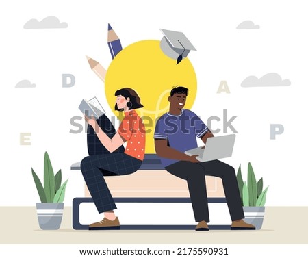 Examination preparing concept. Man and girl sitting with laptop and books, doing their homework. Students preparing for test. Education, learning and training. Cartoon flat vector illustration
