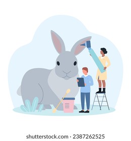 Examination of rabbit by veterinarian vector illustration. Cartoon tiny doctors check ear of pet with otoscope in vet hospital, people clean with cotton swab and treat ear problems of cute animal