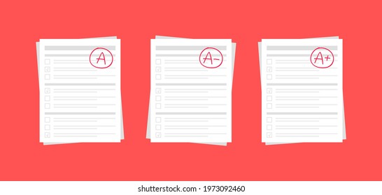 A examination result grade sign isolated on red background. Vector illustration. Test. Evaluation system.