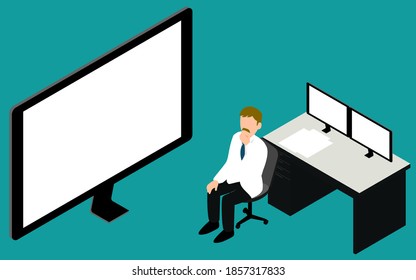 Examination room with a large computer monitor and a male doctor Isometric