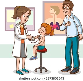 Examination of sick kids by doctor pediatrician in hospital. Female medic specialist holding stethoscope and smiling flat vector illustration. Pediatrics, medical checkup in clinic, medicine concept