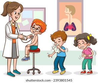 Examen de niños enfermos por pediatra médica en el hospital. Especialista en paramédicos con estetoscopio y sonriente ilustración de vector plano. Pediatría, revisión médica en clínica, concepto de medicina