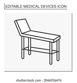  Icono de línea de tabla de examen. Dispositivo especial para examinar la salud de la paciencia. Tratamiento. Salud. Hospital. Concepto de dispositivos médicos. Ilustración vectorial aislada. Trazo editable