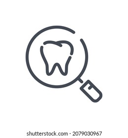 Examination of teeth and treatment line icon. Magnifier and tooth vector outline sign.