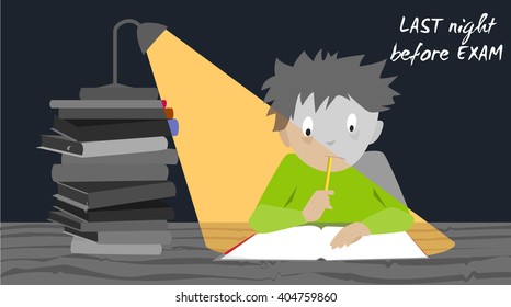 Examination test preparation. Exam student stress.  Last night before exams. Cartoon vector.
