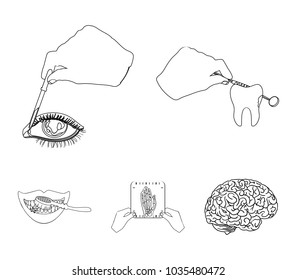 Examination of the tooth, instillation of the eye and other web icon in outline style. A snapshot of the hand, teeth cleaning icons in set collection.