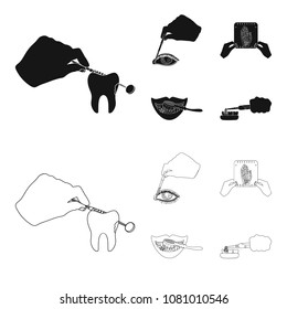 Examination of the tooth, instillation of the eye and other web icon in black,outline style. A snapshot of the hand, teeth cleaning icons in set collection.