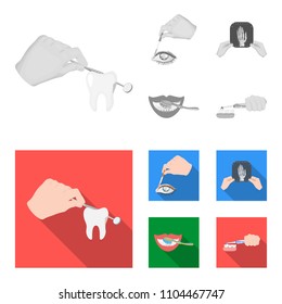 Examination of the tooth, instillation of the eye and other web icon in monochrome,flat style. A snapshot of the hand, teeth cleaning icons in set collection.