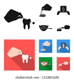 Examination of the tooth, instillation of the eye and other web icon in black,flat style. A snapshot of the hand, teeth cleaning icons in set collection.