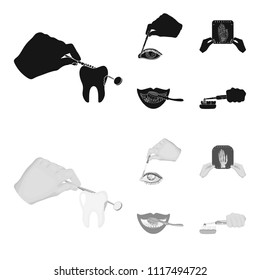 Examination of the tooth, instillation of the eye and other web icon in black,monochrome style. A snapshot of the hand, teeth cleaning icons in set collection.