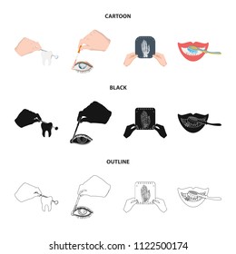 Examination of the tooth, instillation of the eye and other web icon in cartoon,black,outline style. A snapshot of the hand, teeth cleaning icons in set collection.