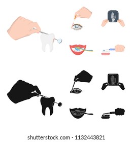 Examination of the tooth, instillation of the eye and other web icon in cartoon,black style. A snapshot of the hand, teeth cleaning icons in set collection.