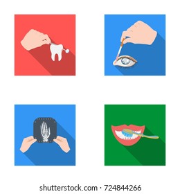 Examination of the tooth, instillation of the eye and other web icon in flat style. A snapshot of the hand, teeth cleaning icons in set collection.
