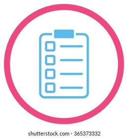 Examination vector icon. Style is bicolor flat circled symbol, pink and blue colors, rounded angles, white background.