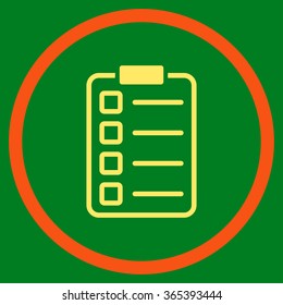 Examination vector icon. Style is bicolor flat circled symbol, orange and yellow colors, rounded angles, green background.