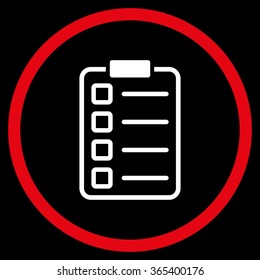 Examination vector icon. Style is bicolor flat circled symbol, red and white colors, rounded angles, black background.