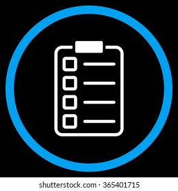 Examination vector icon. Style is bicolor flat circled symbol, blue and white colors, rounded angles, black background.