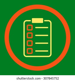 Examination vector icon. This rounded flat symbol is drawn with orange and yellow colors on a green background.