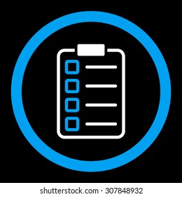 Examination vector icon. This rounded flat symbol is drawn with blue and white colors on a black background.