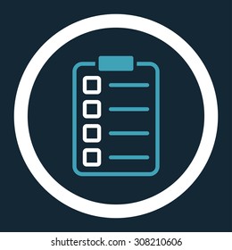 Examination vector icon. This rounded flat symbol is drawn with blue and white colors on a dark blue background.