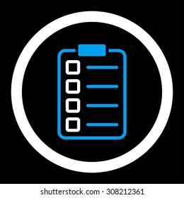 Examination vector icon. This rounded flat symbol is drawn with blue and white colors on a black background.